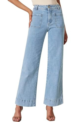 Yewfirm Wide Leg Jeans Woman High Waisted Straight Leg Jeans for Women Stretchy Loose Denim Pants with Pockets 2024 Trendy Sky Blue Size 18 | Amazon (US)