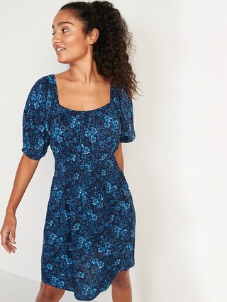 Waist-Defined Puff-Sleeve Floral-Print Smocked Mini Dress for Women | Old Navy (US)