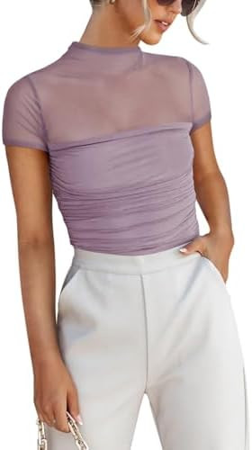 REORIA Women's Sexy Mock Turtle Neck Short Sleeve Shirts Sheer Mesh Ruched Trendy Going Out Bodys... | Amazon (US)