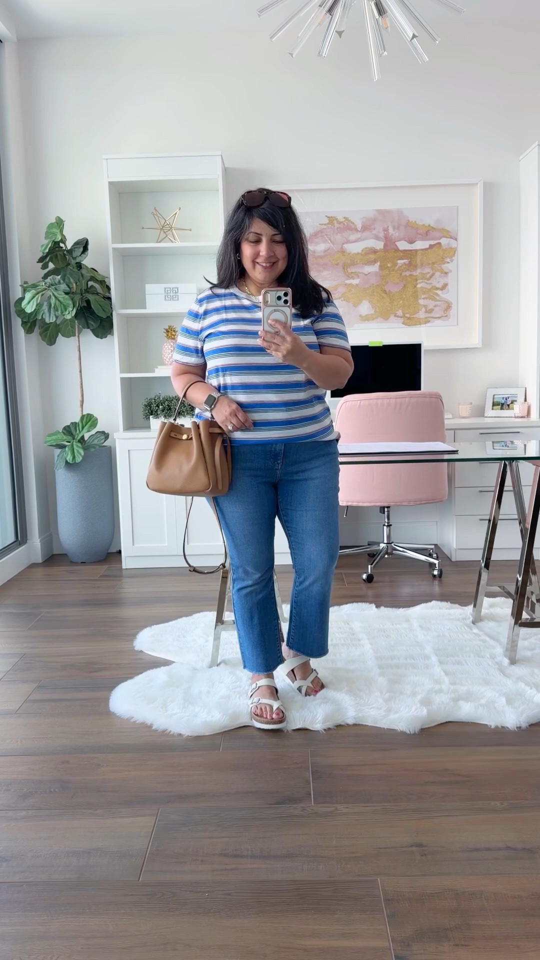 Road trip outfit! Early fall outfits women over 50.

Loft striped tee size XL. NYDJ jeans size 14 Petite. Fitory sandals. Tory Burch Romy bucket bag. Kendra Scott necklace. Madewell sunglasses.

@NYDJ @Fitory

#LTKOver40 #LTKMidsize #LTKPetite