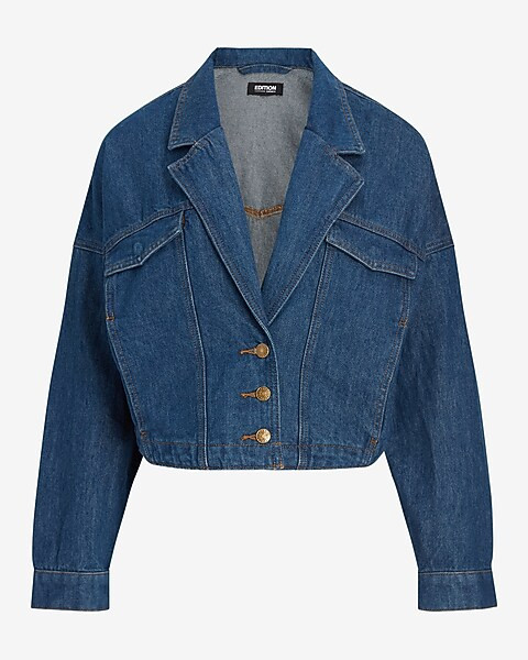 Express X Simon Spurr Cropped Medium Indigo Trucker Jacket | Express