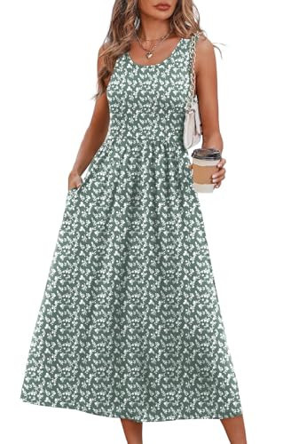 WIHOLL Casual Dresses for Women Sleeveless Scoop Neck Flowy Spring Midi Dresses for Women Sun Dress Beach Vacation Maxi Summer Dress Sundresses for Women Green Floral L | Amazon (US)