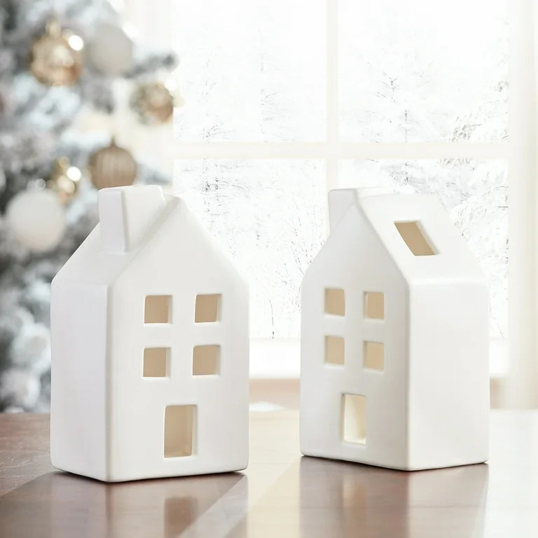 Holiday Time Rustic Stoneware Bisque House Tabletop Decorations, Set of 2 | Walmart (US)