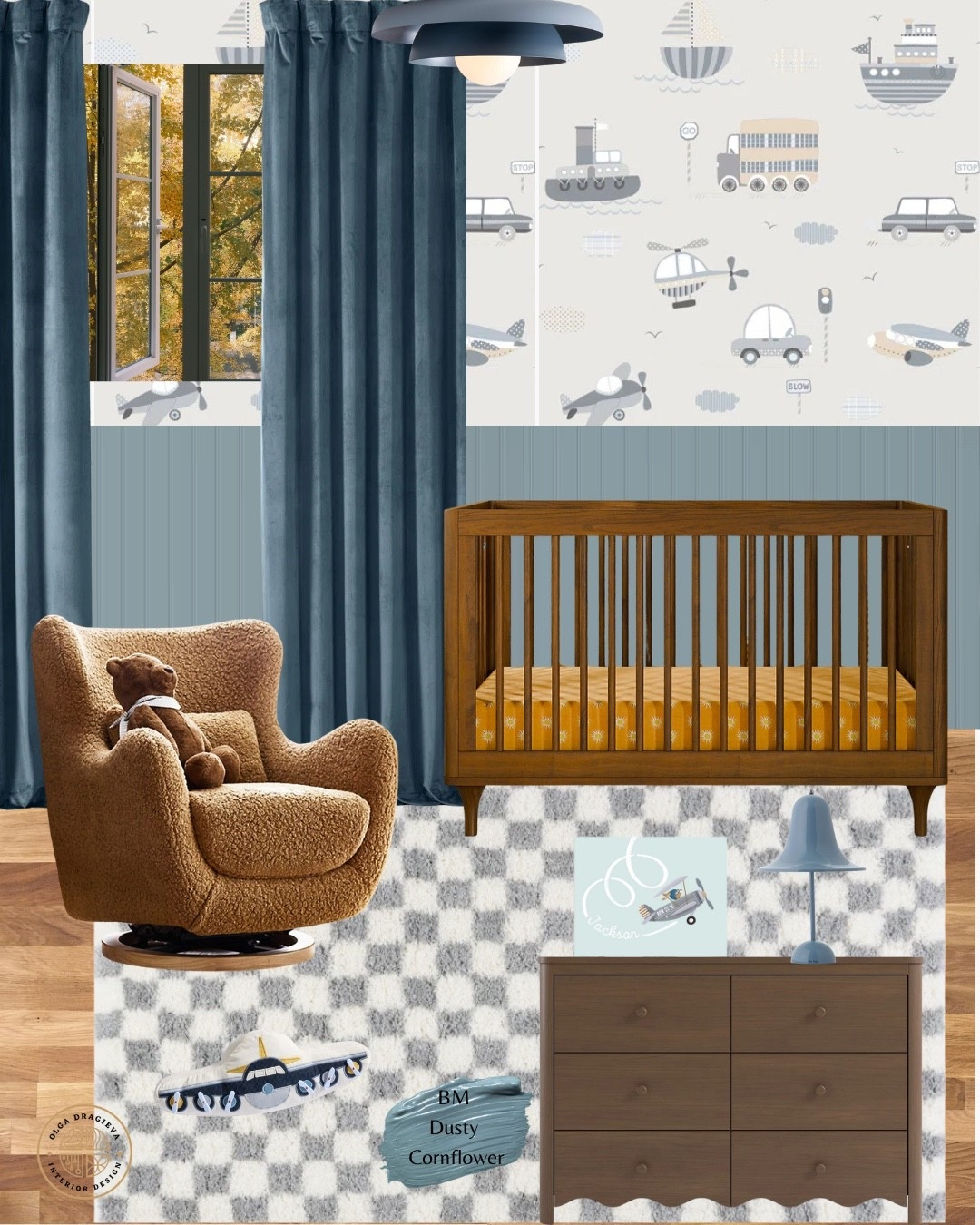 Cute airplane themed nursery mood board! I love the wallpaper, pretty checkered rug, gorgeous crib and glider, airplane pillow from Pottery Barn, airplane art, affordable dresser. #homedecor #boynursery

#LTKHome #LTKBaby #LTKBump