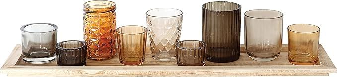 Creative Co-Op Natural Wood Tray with 9 Unique Glass Votive Candle Holders, 22" x 5.5", Beiges | Amazon (US)
