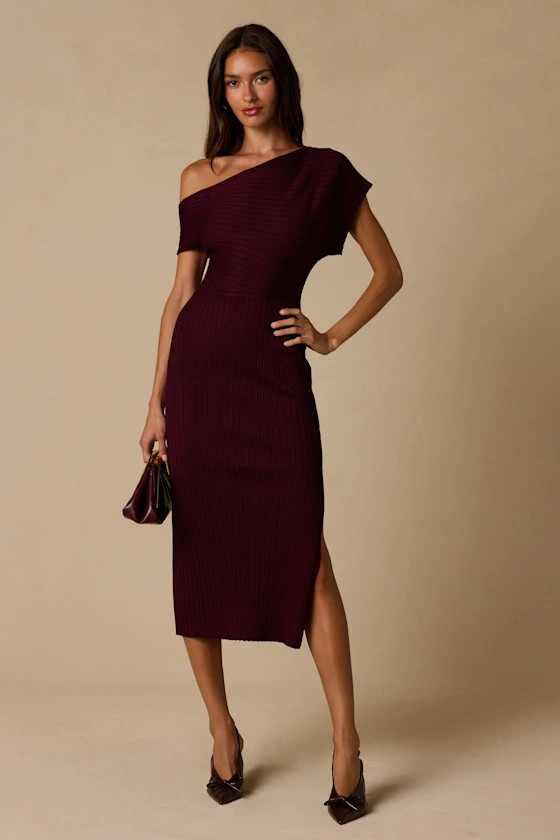 Brady Burgundy Ribbed Off-the-Shoulder Sweater Midi Dress | Lulus