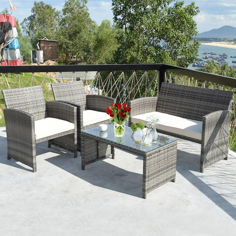 Costway 4PCS Patio Rattan Furniture Set Conversation Glass Table Top Cushioned Sofa | Walmart (US)