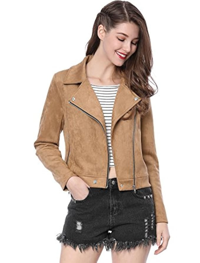 Allegra K Women's Short Soft Zip up Faux Suede Biker Moto Jacket | Amazon (US)