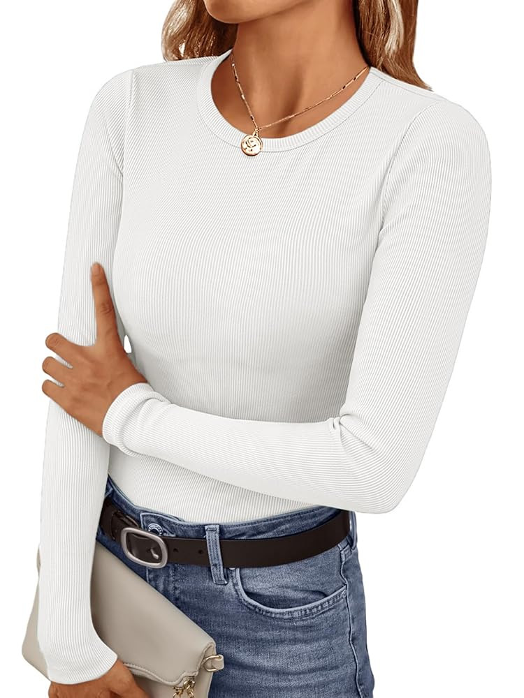 Ekouaer Womens Long Sleeve Shirts Crew Neck Stretchy Fitted Ribbed Tops Basic Base Layer Soft The... | Amazon (US)