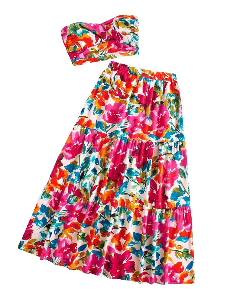 SOLY HUX Women's Boho 2 Piece Outfits Floral Print Colorful Tube Top and Ruffle Hem Maxi Skirt Se... | Amazon (US)