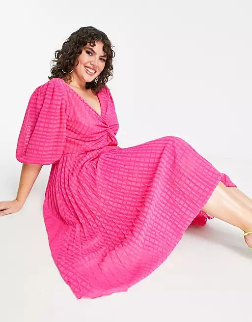 ASOS DESIGN Curve twist front pleated midi textured skater dress in hot pink | ASOS (Global)