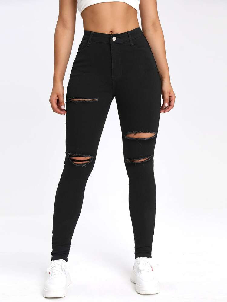Slant Pocket Ripped Skinny Jeans | SHEIN