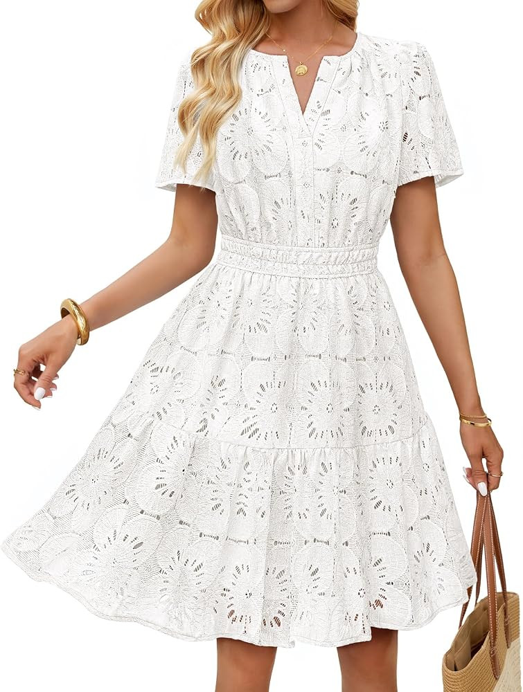 MEROKEETY Women's Spring Summer Eyelet Floral Mini Dress 2026 Short Sleeve Lace Boho Ruffle A Lin... | Amazon (US)