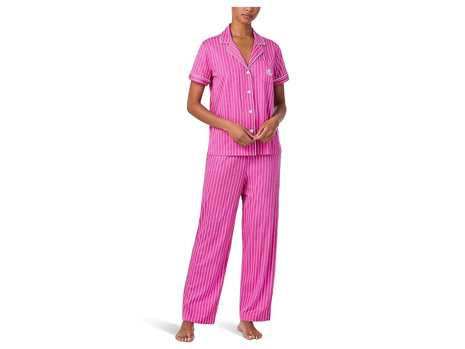 Lauren Ralph Lauren Short Sleeve Notch Collar Ankle Pants Knit PJ Set Women's Pajama Sets Pink Stripe : XL (US 16-18), Cotton/Viscose | Zappos