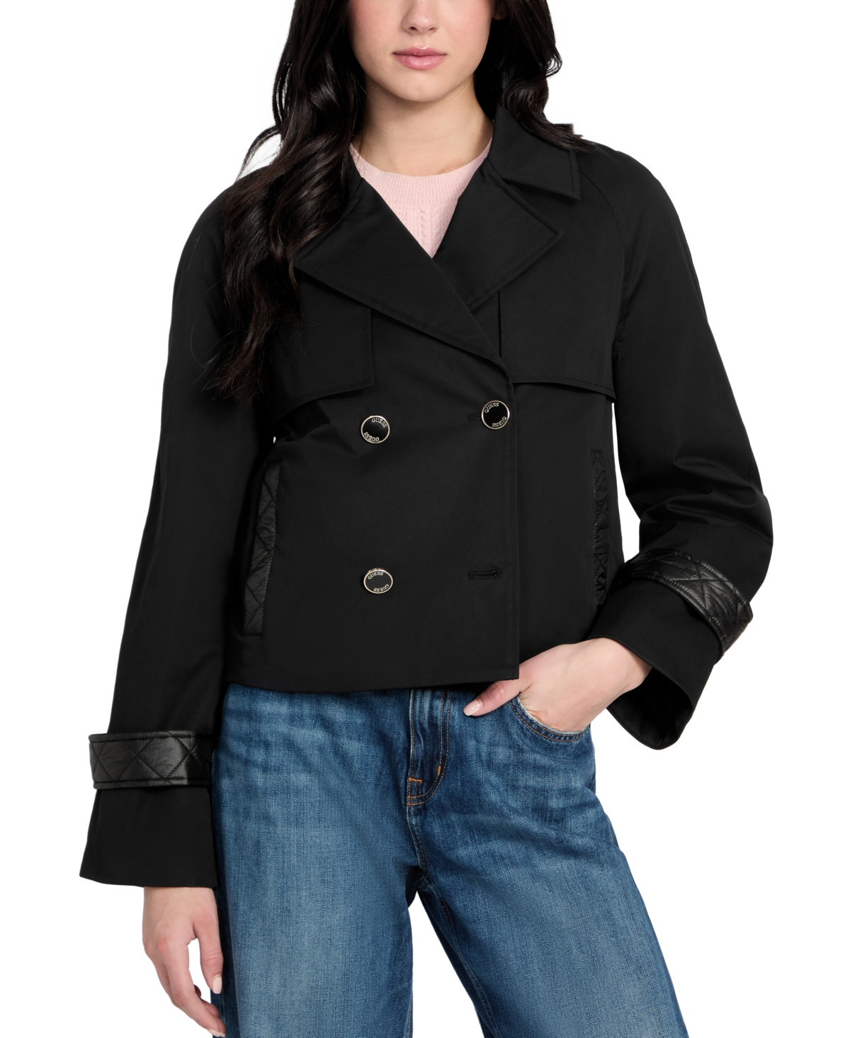 Guess Women's Cropped Quilted-Trim Trench Coat - Black | Macy's