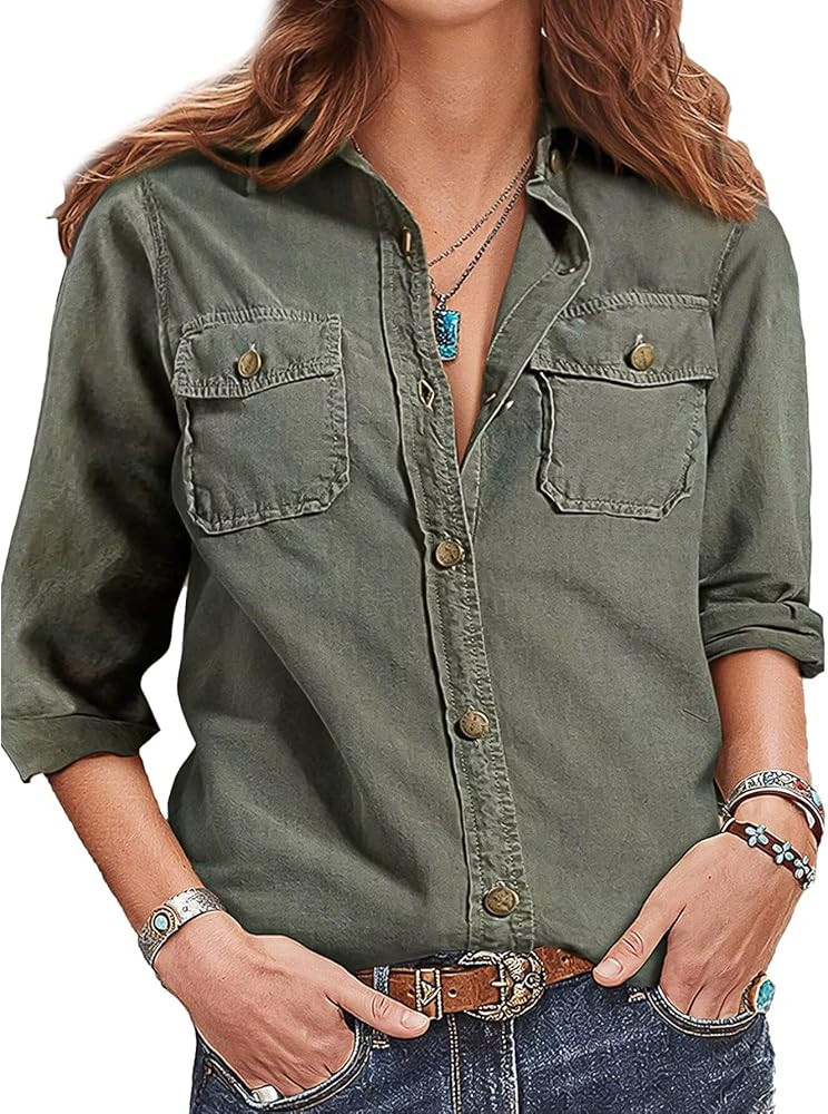 Flamingals Casual Long Sleeve Band Collar with Solid Flap Pocket Button Up Shirt for Women | Amazon (US)
