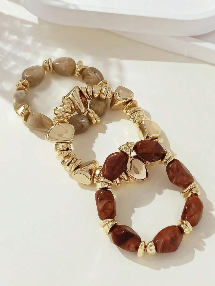 Set De 3 Pulseras De Acrílico Marrón Con Cuentas Multicapa De Estilo Bohemio Vintage, Accesorios De Moda De Lujo Para Mujeres, Parejas, Fiestas Y Uso Diario | SHEIN