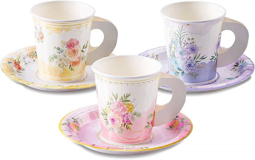 HOMIX 24 Paper Tea Cups and Plates, 7 OZ Disposable Paper Teacups and Saucer Sets for Hot and Col... | Amazon (US)