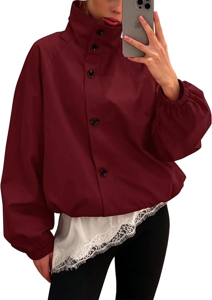 Womens Funnel Neck Jackets Fall Cropped Windbreaker Outwear Coats | Amazon (US)