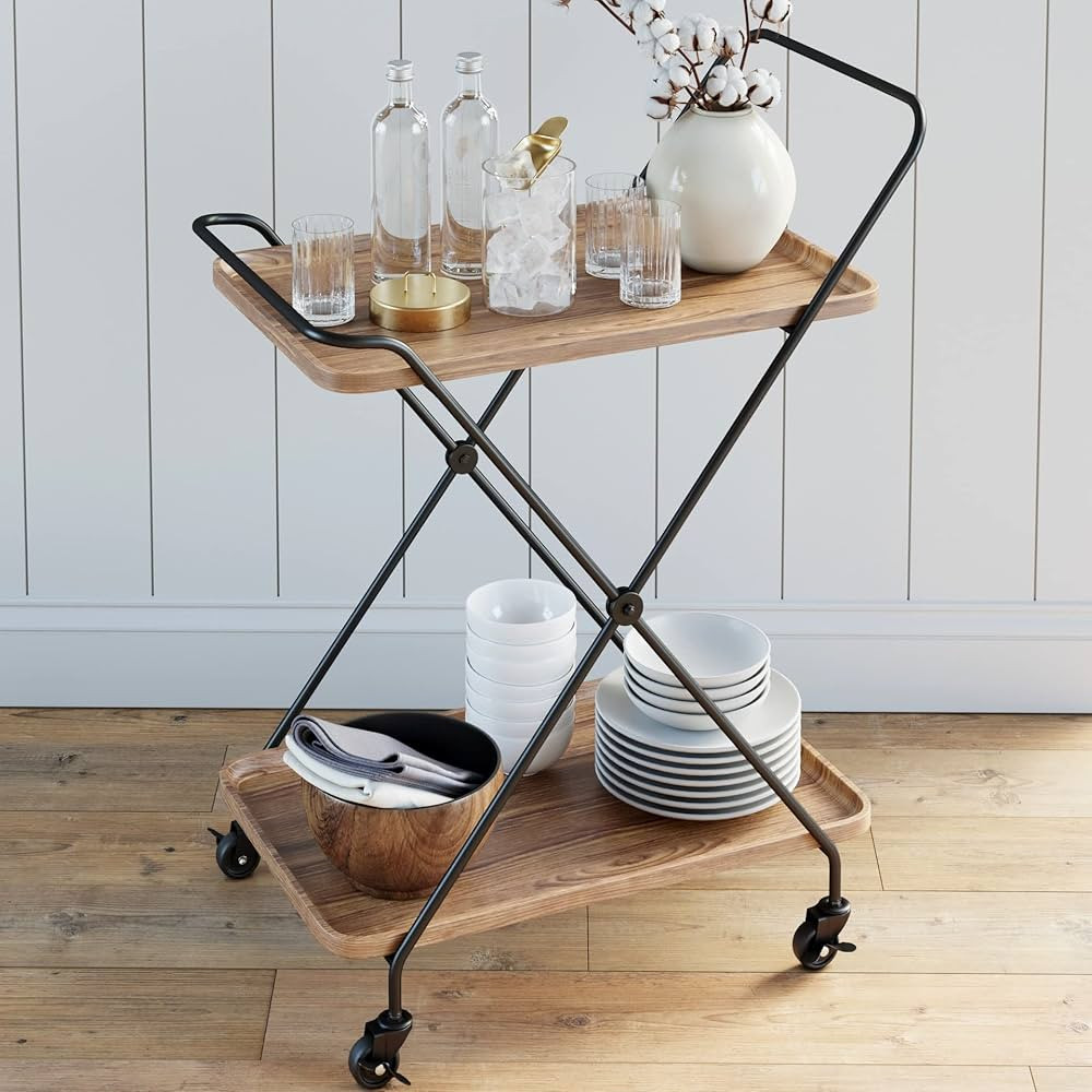 Nathan James Mid-Century Modern Two Tier Rolling Serving, Hallie Wood Bar Cart, Beige/Black | Amazon (US)