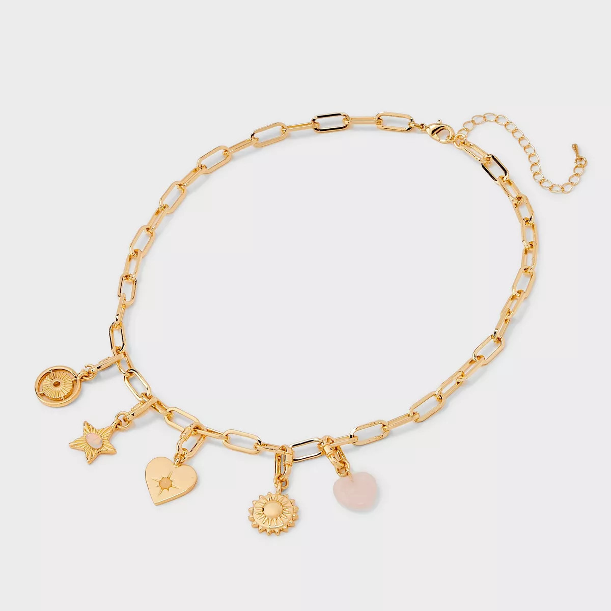 Paperclip Link Necklace with Semi Precious Rose Quartz Heart and Moonstone Star Charms - Universa... | Target