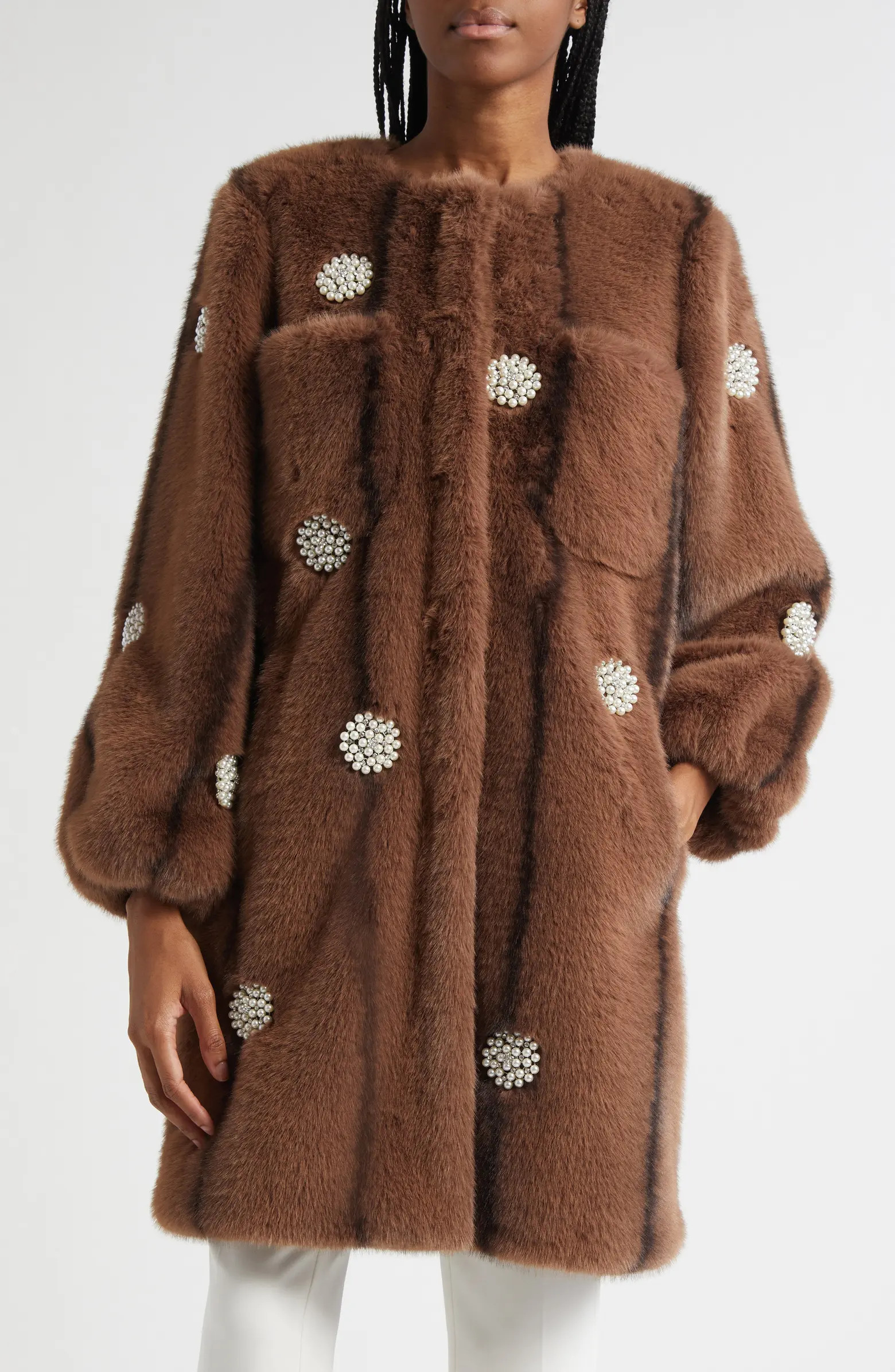 Cinq à Sept Faux Pearl & Crystal Detail Faux Fur Coat | Nordstrom | Nordstrom