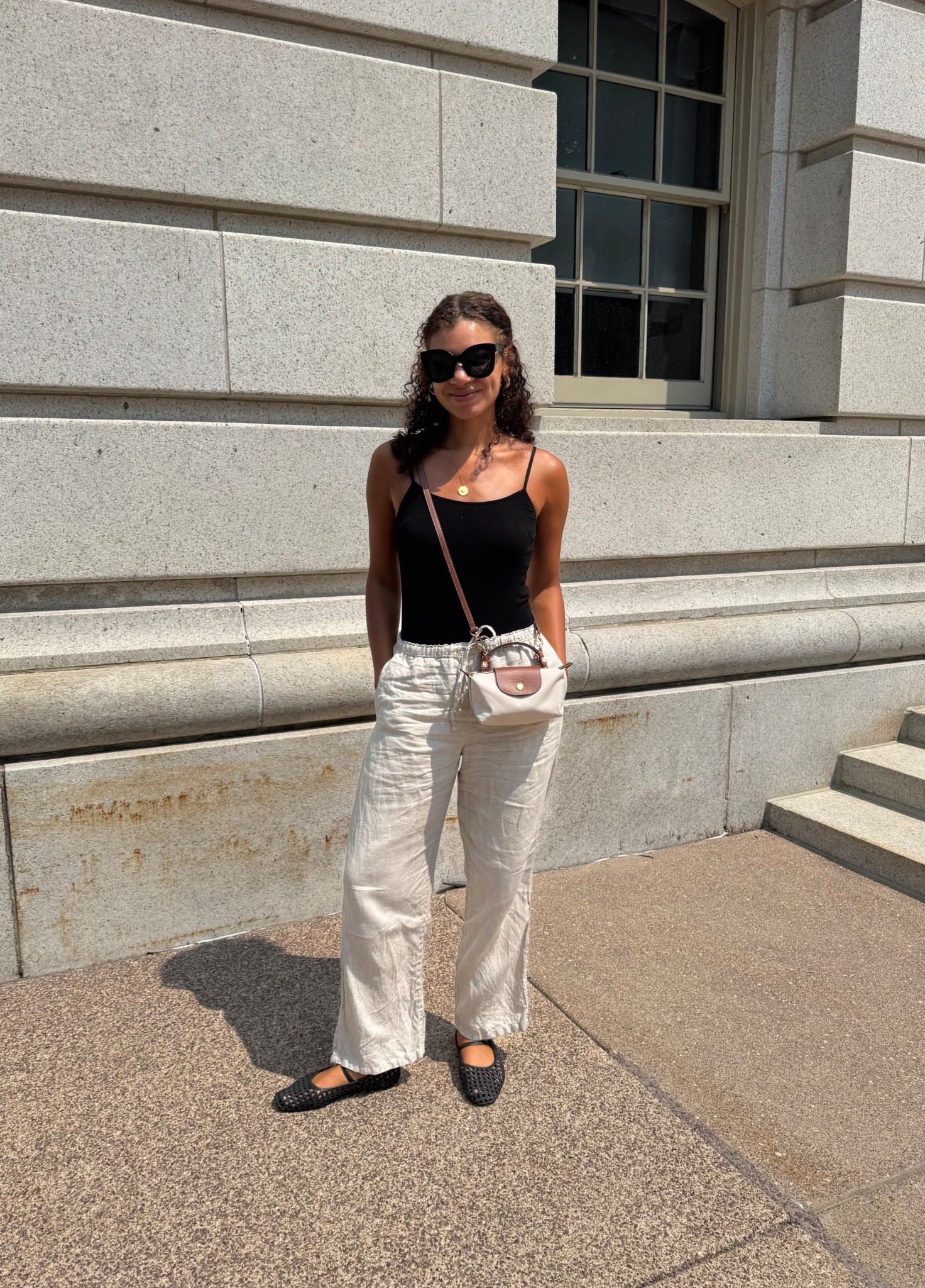 Comfortable pull on linen pants with a black bodysuit, woven flats, and Longchamp mini (cosmetic bag with strap)

#LTKFindsUnder100 #LTKStyleTip