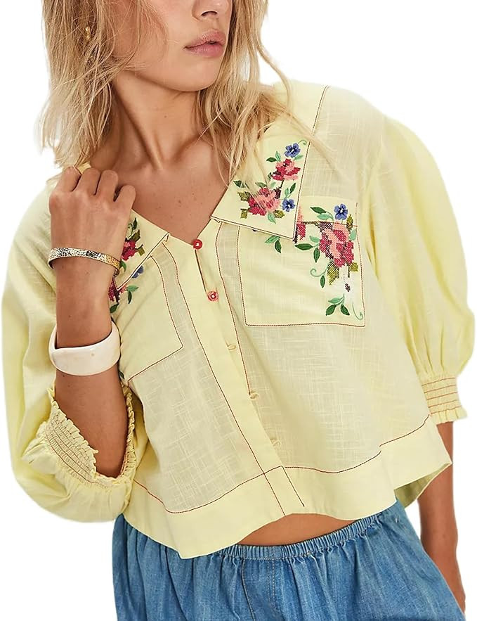 Women Y2k Button Up Embroidered Floral Blouse Crop Tops Cute Puff Smocked Sleeve Going Out Tshirt... | Amazon (US)