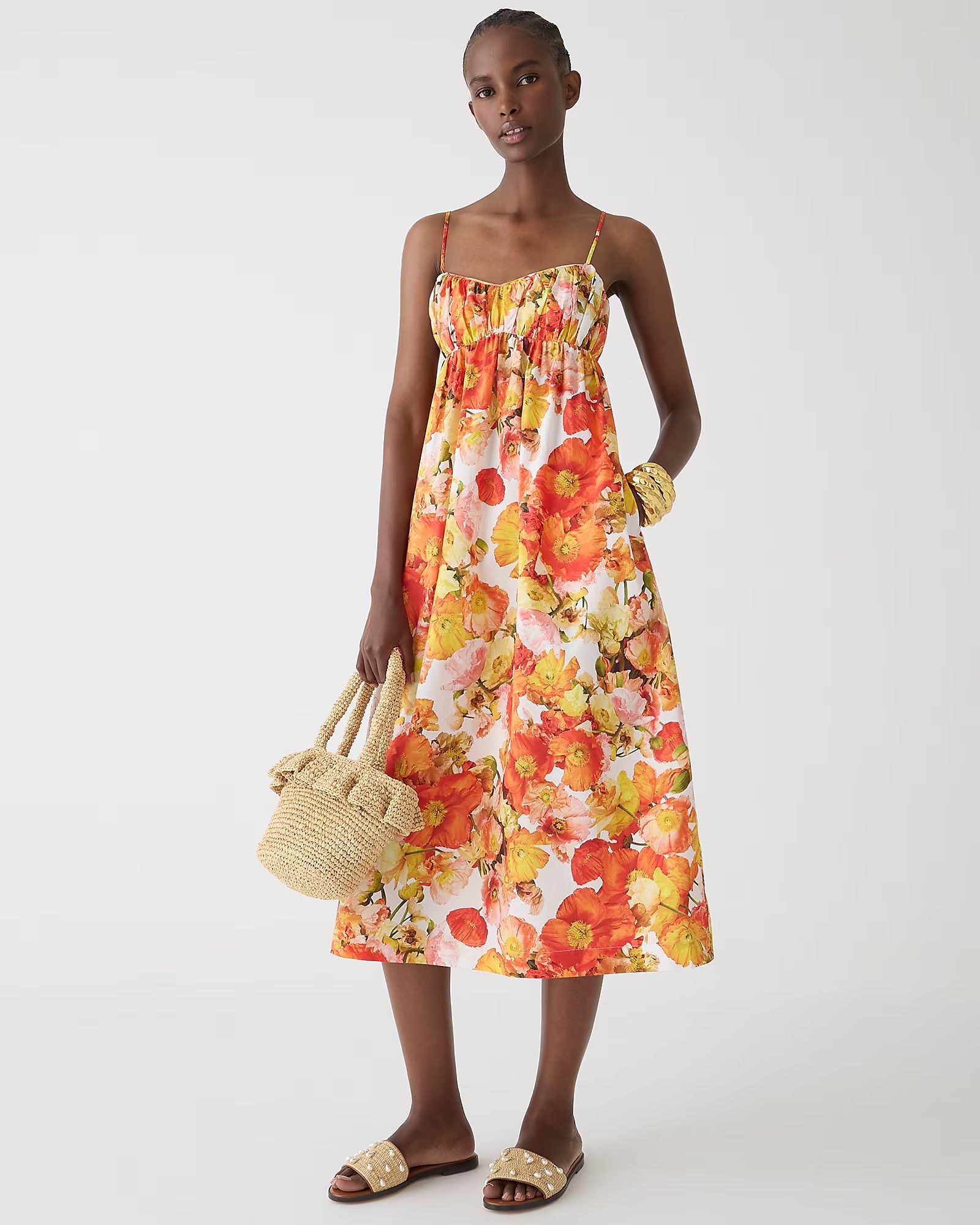 new3.5(2 REVIEWS)Empire-waist midi dress in floral cotton poplin$148.00Orange PoppiesSelect a siz... | J.Crew US