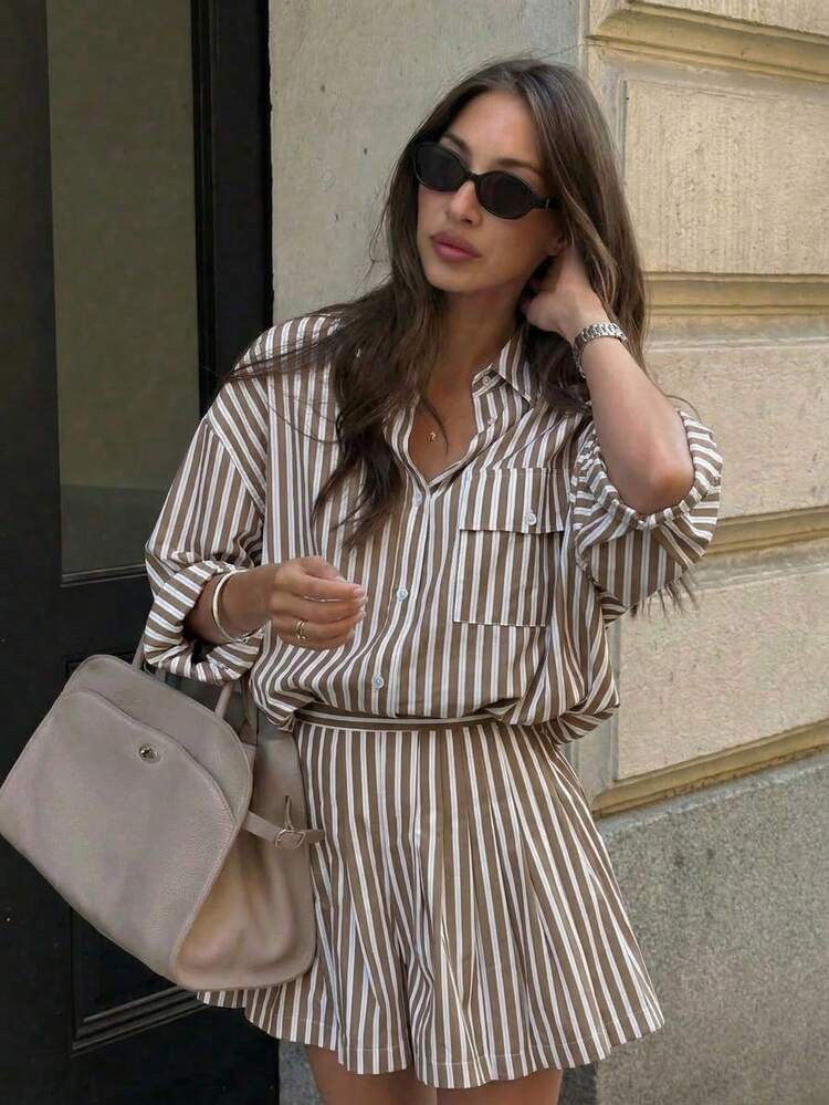 2pcs Women's Elegant Set: Spring/Summer Versatile Casual High Waist Pleated Shorts + Striped Long Sleeve Shirt, New Refreshing Striped Outfit, Suitable For Work, Hangout, Travel, Campus, Fashion Blogger Same Style, Chic And Slimming | SHEIN