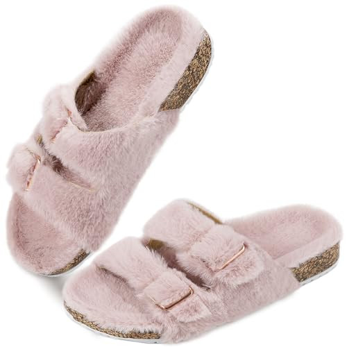Parlovable Women's Slippers Fluffy Open Toe Fur House Shoes Arch Support Adjustable Straps Cork Slide Sandals Fuzzy Bedroom Non Slip Rubber Sole Breathable Pink 10 | Amazon (US)