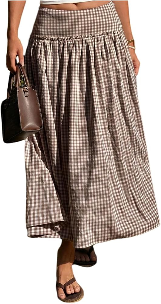 MakeMeChic Women's Plaid Gingham Maxi Skirt Low Waist Flowy Long Skirts | Amazon (US)