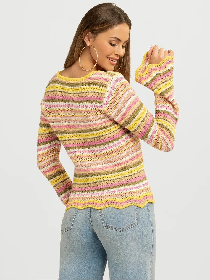 Jessica Simpson Women's Lilianna Cotton Pointelle Sweater with Long Sleeves, Lightweight, Sizes X... | Walmart (US)