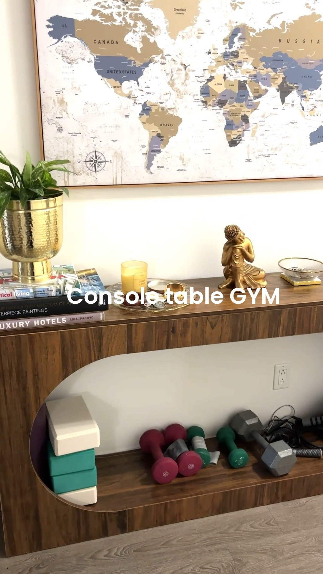 Console table gym for modern home and busy lifestyle. with the workout essentials. Yoga mat and blocks, dumbbells, ab roller and jump rope. 

#LTKHome #LTKActive