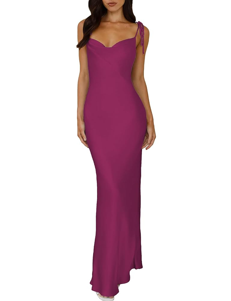 2025 Satin Cowl Neck Spaghetti Strap Slip Maxi Dress for Women Tie Strap Formal Wedding Guest Dre... | Amazon (US)