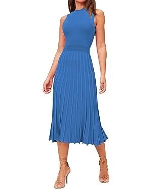 Pink Queen Women's Crew Neck Sleeveless High Waisted Bodycon Pleated Ribbed Swing Knit Midi Dress... | Amazon (US)
