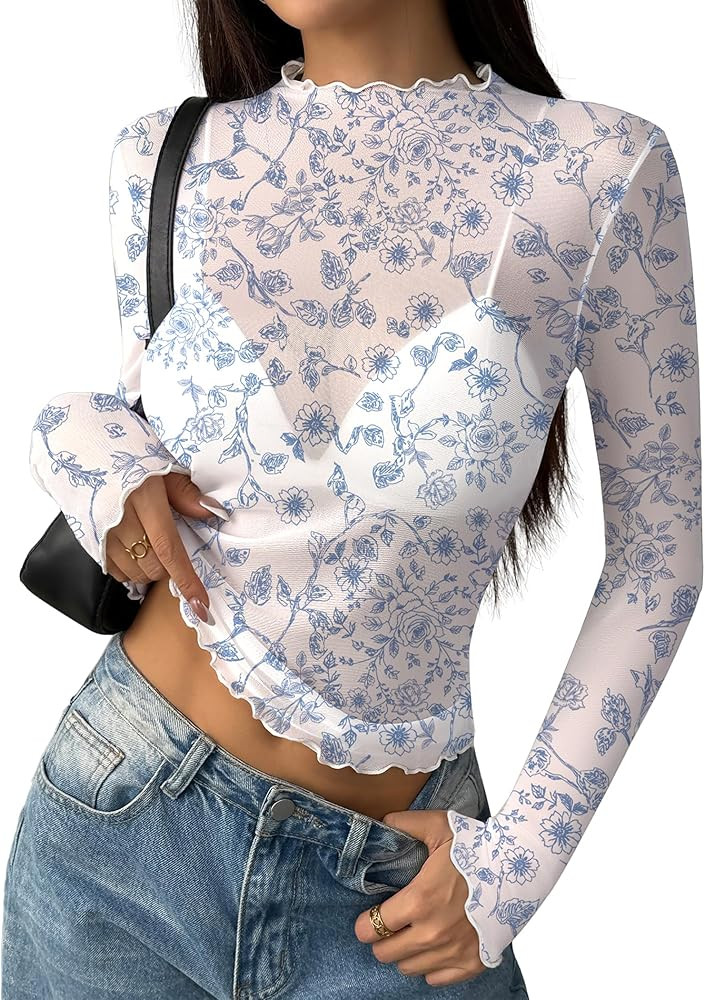 Zeagoo Womens Mesh Long Sleeve Tops Mock Neck Going Out See Through Shirts Sexy Sheer Blouses Clu... | Amazon (US)