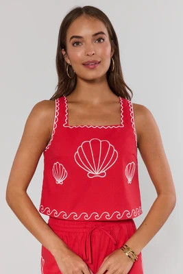 Red Seashell Embroidered Tank Top | Avara