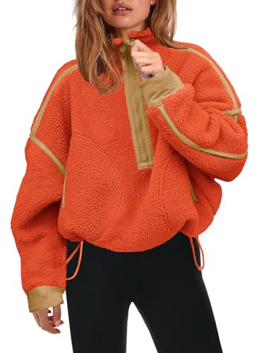Panadila Womens Half Zip Sherpa Fleece Pullover Soft Oversized Sweatshirt with Pockets Warm Fuzzy Sweater (Orange Red,Medium) | Amazon (US)