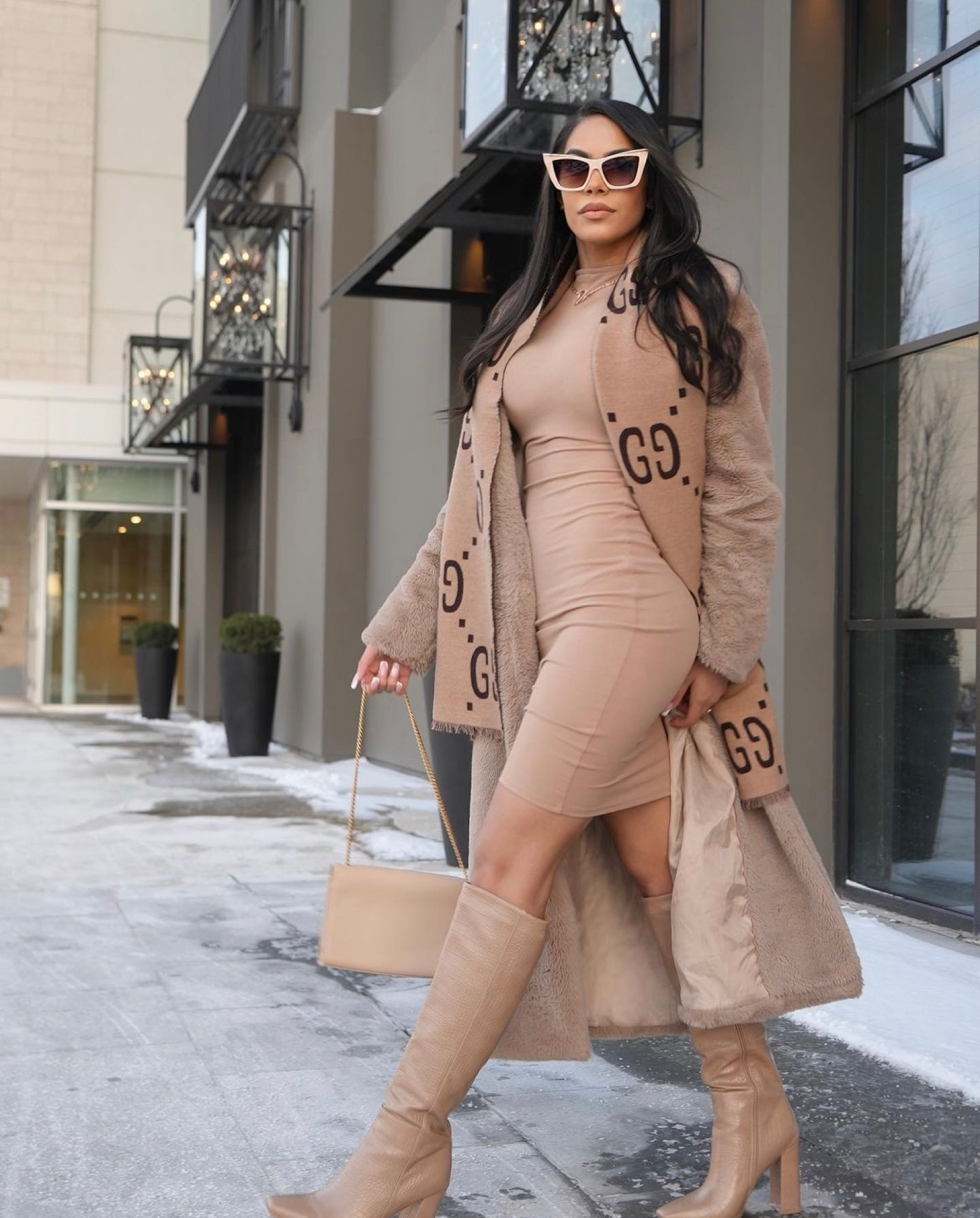 Light brown monochrome outfit idea! 🤎🍂 fur coat with a midi length dress and a cute scarf and purse to match 🙌🏽

#LTKSeasonal #LTKCyberWeek #LTKHoliday