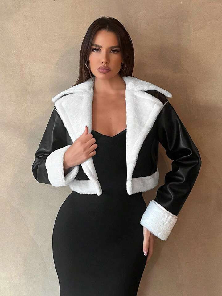 SHEIN Tall Teddy Bear Lined Short Black PU Leather Jacket | SHEIN