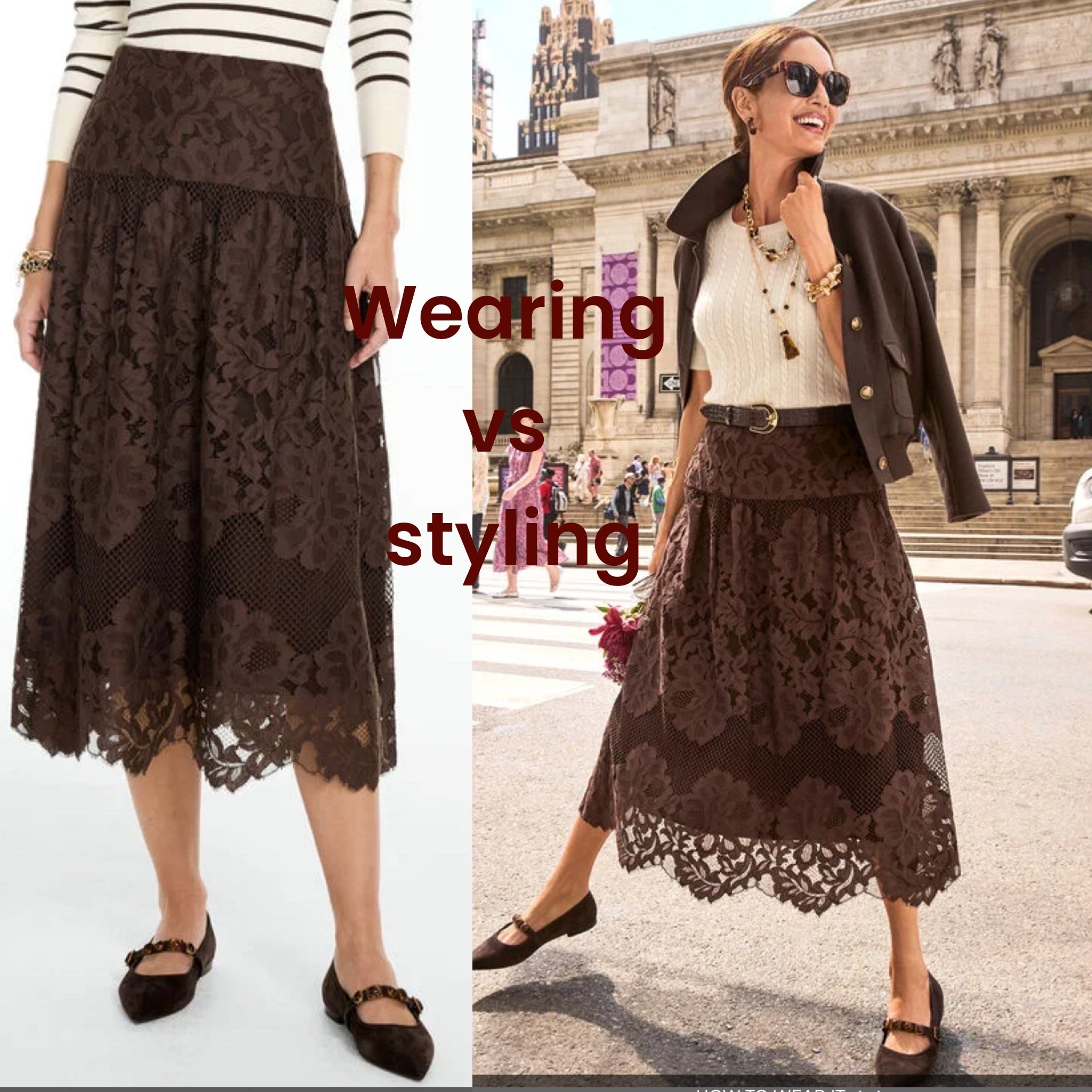 This brown lace skirt is adorable styled for fall!