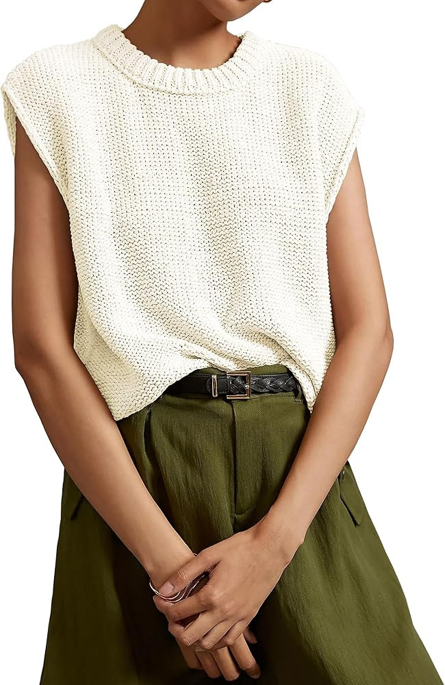 Locachy Women's Vintage Crew Neck Sweater Vest Casual Cropped Sleeveless Knit Pullover Top | Amazon (US)