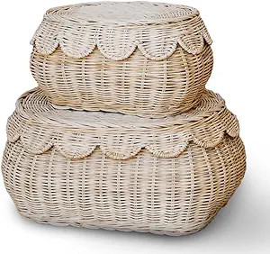 Hand Woven Rattan Basket Set - 15x10x6 Inch - Small Scalloped Baskets - Round Wicker Basket - Wic... | Amazon (US)