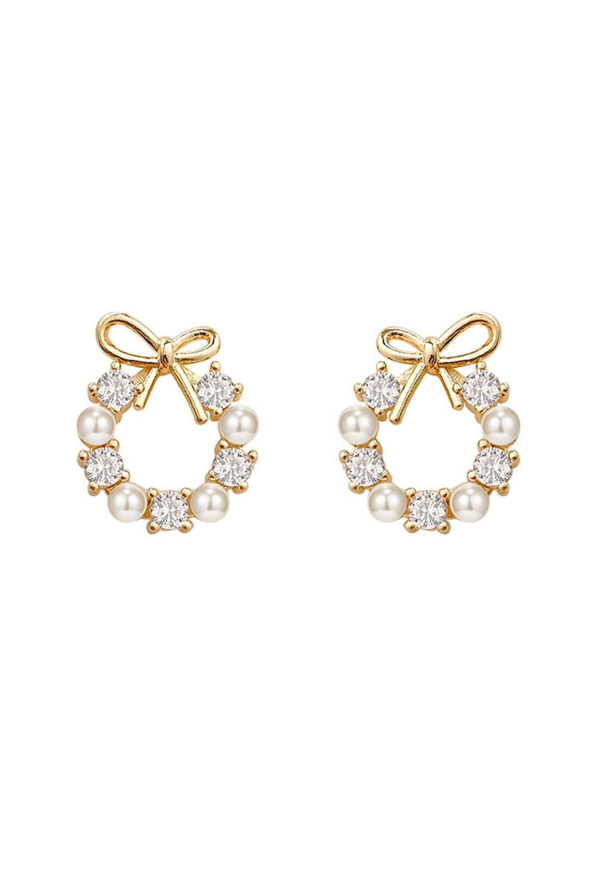 Rhinestones Insert Pearl Bow Wreath Earrings | Chicwish
