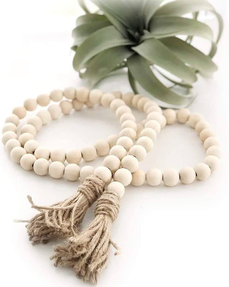 LSKYTOP 60 Inches Wood Bead Garland,Wooden Beads with Tassels,Farmhouse Beads Rustic Prayer Beads... | Amazon (US)