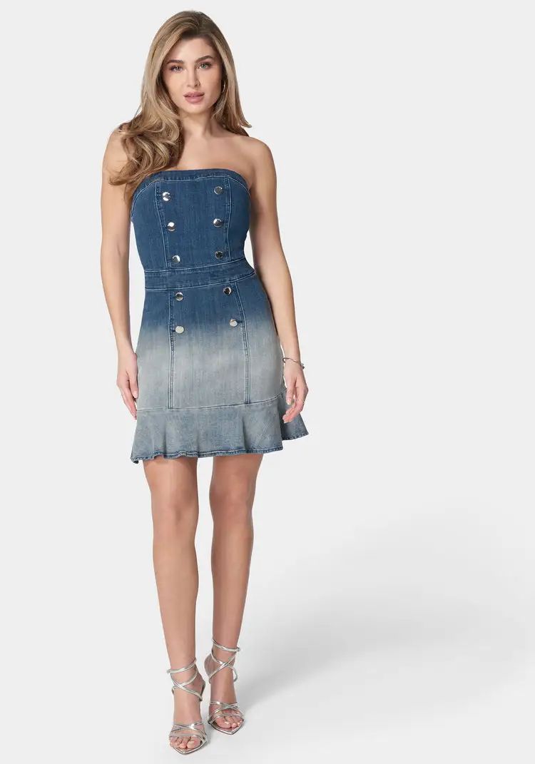 Strapless Ombre Fitted Denim Dress | Bebe