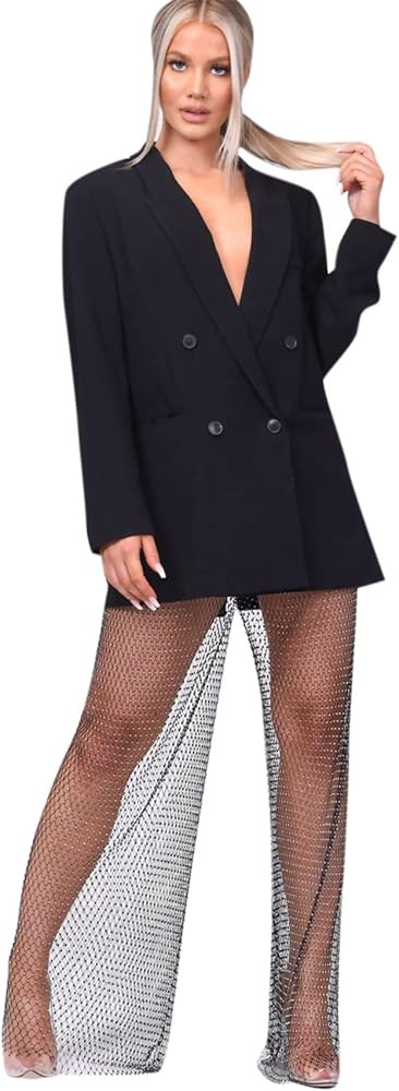 Women Sexy Crystal Rhinestone Mesh Pants Hollow Out Fishnet Leggings Rave Party Festival Club Trouse | Amazon (US)