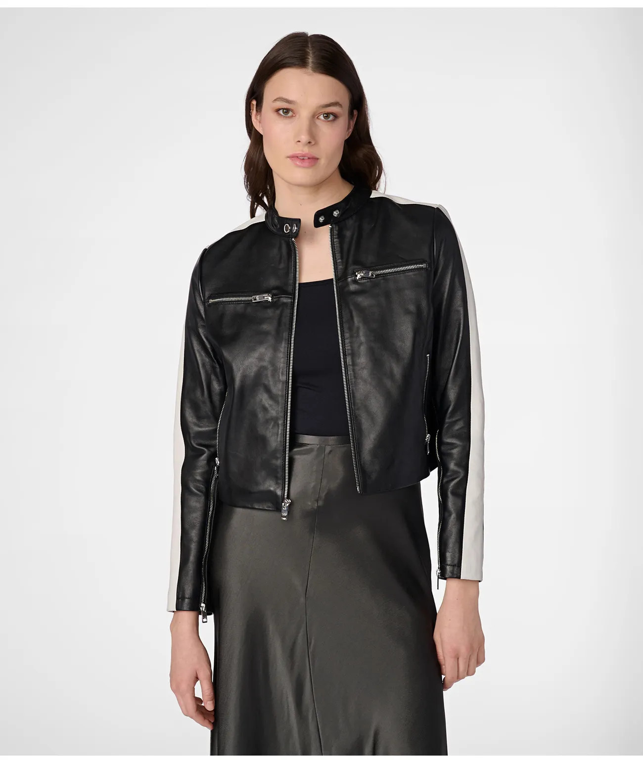 Samantha Cropped Scuba Genuine Leather Jacket With White Stripe | Wilsons Leather
