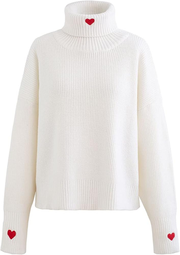 CHICWISH Women's Comfy Casual Long Sleeve Heart Shape Patched Grey/White/Navy Knit Top Pullover Swea | Amazon (US)
